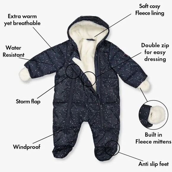 POLARN O PYRET PADDED OVERALL SNOWSUIT 1-2 MONTH SPECKLE PRINT ON BLUE SWEDEN - Picture 3 of 7